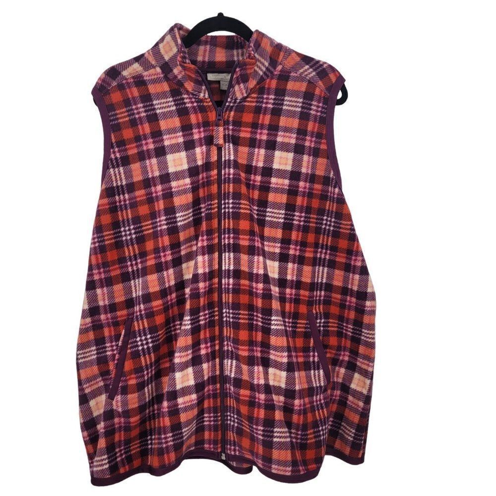 Woman Within Microfleece Vest Plus Size 1X Pink‎ Plaid Zip-Front Pockets